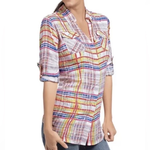 CAbi Tops - CAbi Cirque Plaid Button Down Blouse Rainbow Western Chic Spring Lightweight Lg
